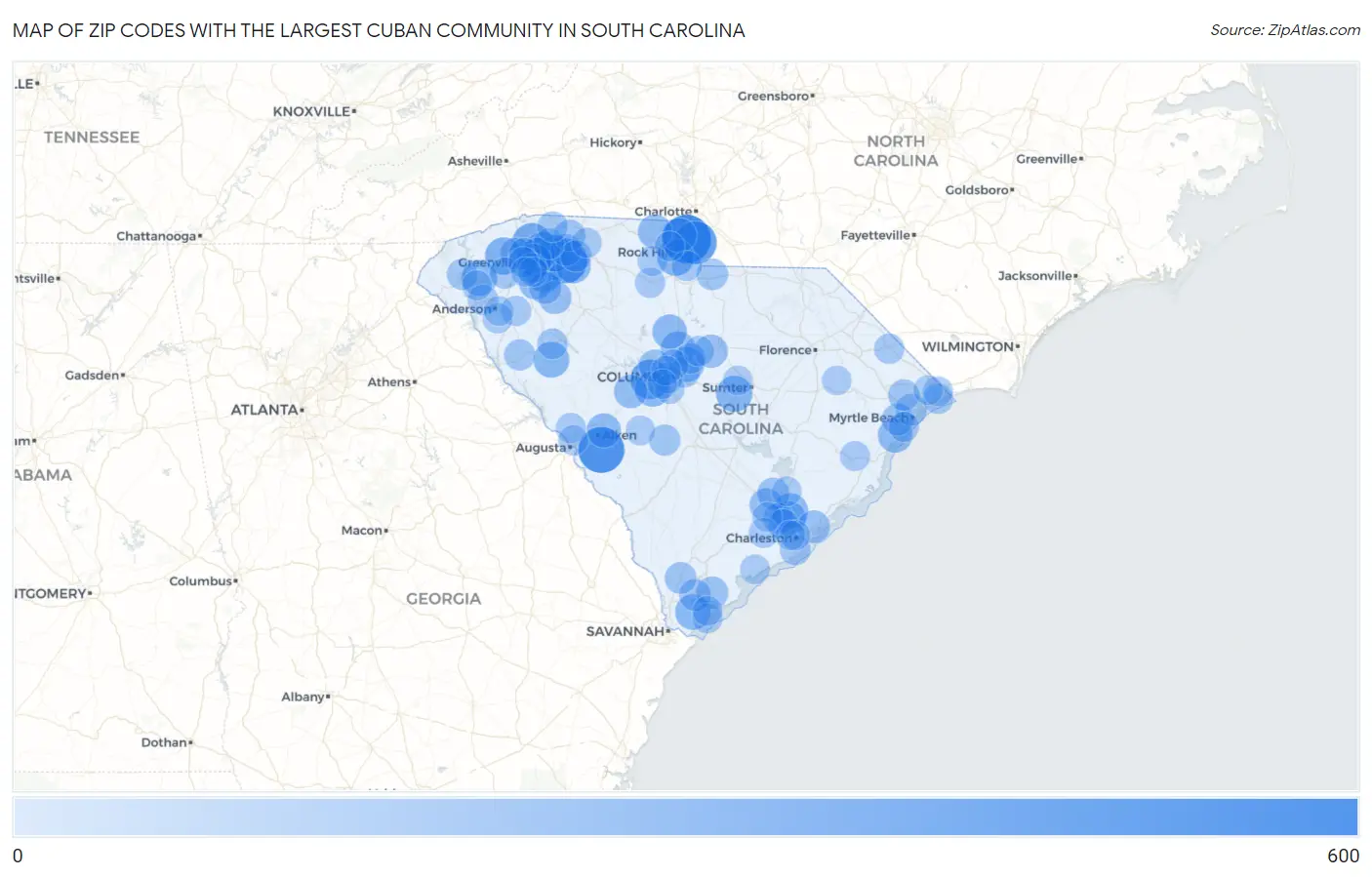 Zip Codes with the Largest Cuban Community in South Carolina Map