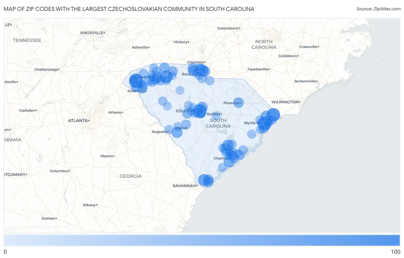 Zip Codes with the Largest Czechoslovakian Community in South Carolina Map