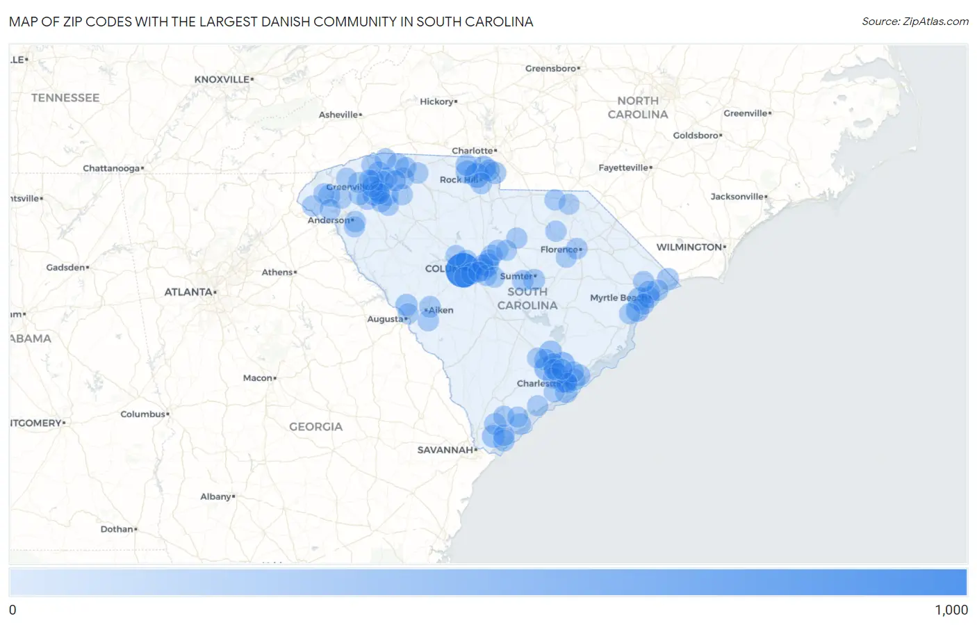 Zip Codes with the Largest Danish Community in South Carolina Map