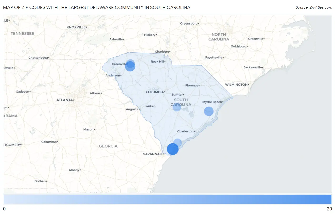 Zip Codes with the Largest Delaware Community in South Carolina Map
