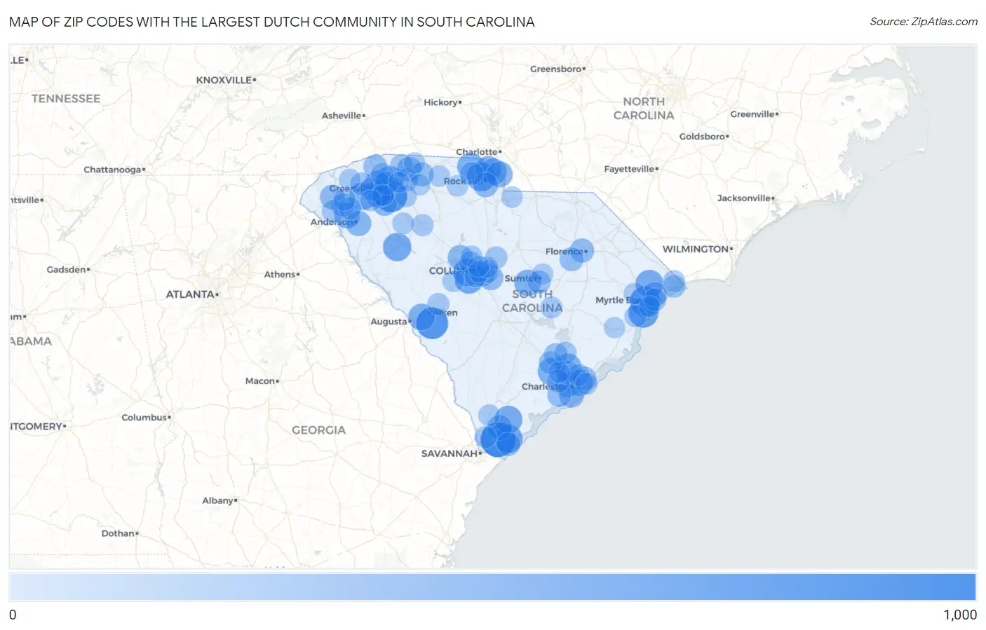 Zip Codes with the Largest Dutch Community in South Carolina Map