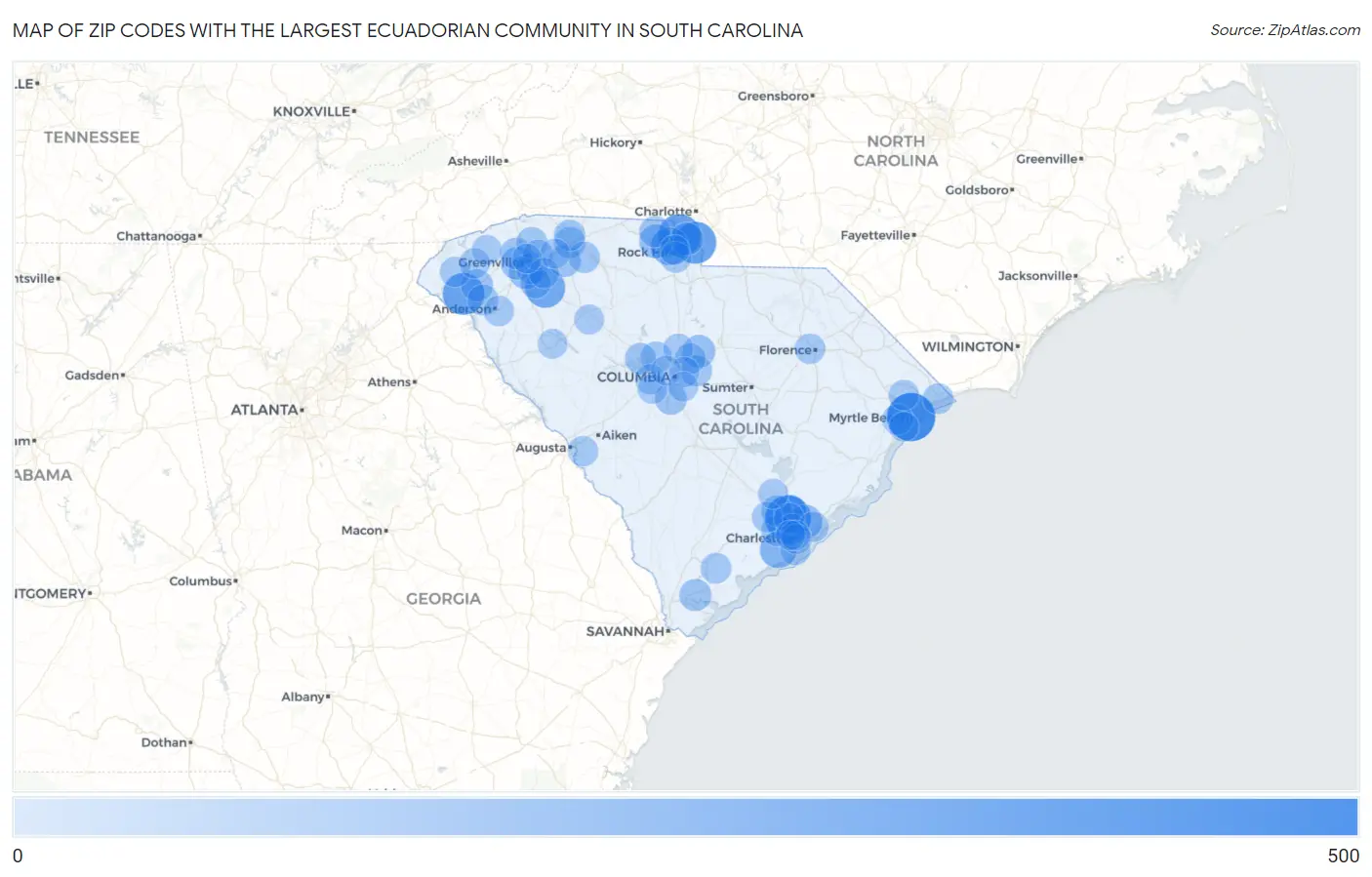 Zip Codes with the Largest Ecuadorian Community in South Carolina Map