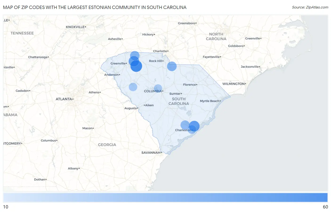 Zip Codes with the Largest Estonian Community in South Carolina Map