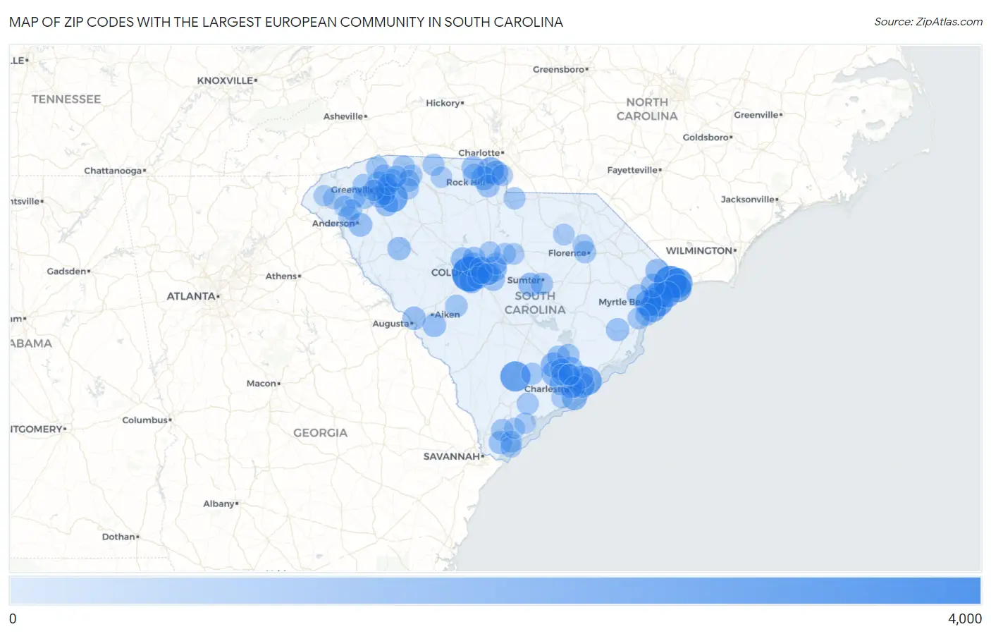 Zip Codes with the Largest European Community in South Carolina Map