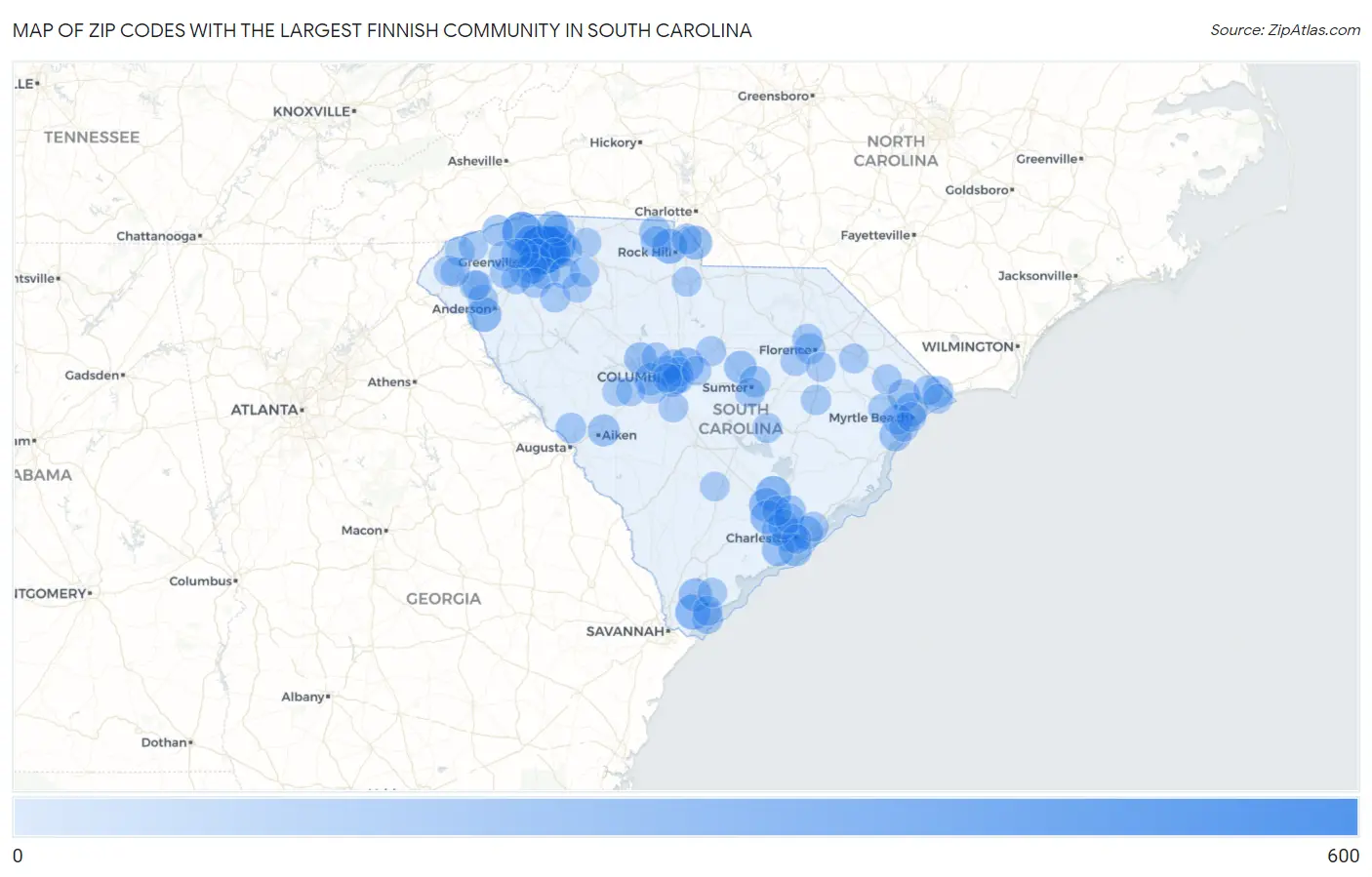 Zip Codes with the Largest Finnish Community in South Carolina Map