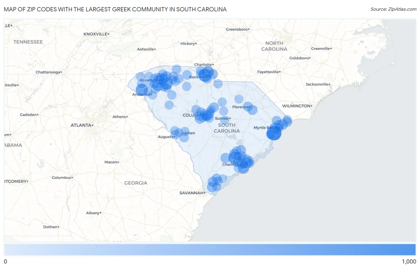 Zip Codes with the Largest Greek Community in South Carolina Map