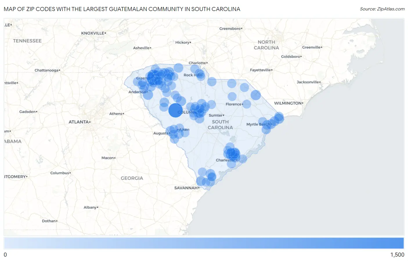 Zip Codes with the Largest Guatemalan Community in South Carolina Map