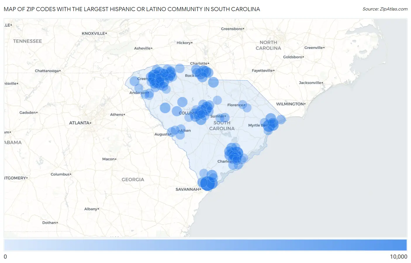 Zip Codes with the Largest Hispanic or Latino Community in South Carolina Map