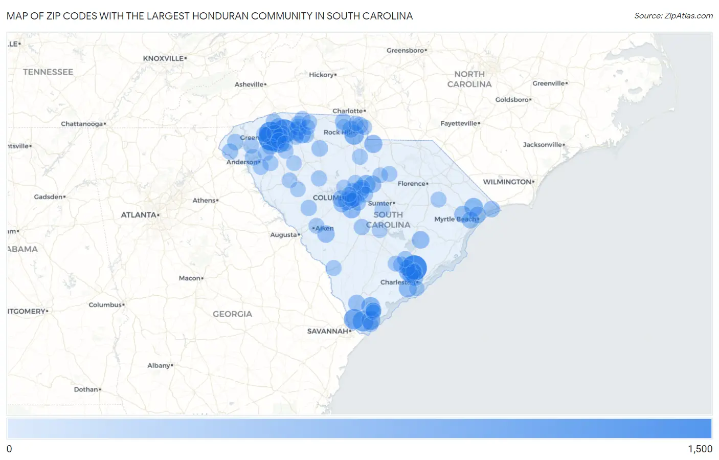 Zip Codes with the Largest Honduran Community in South Carolina Map