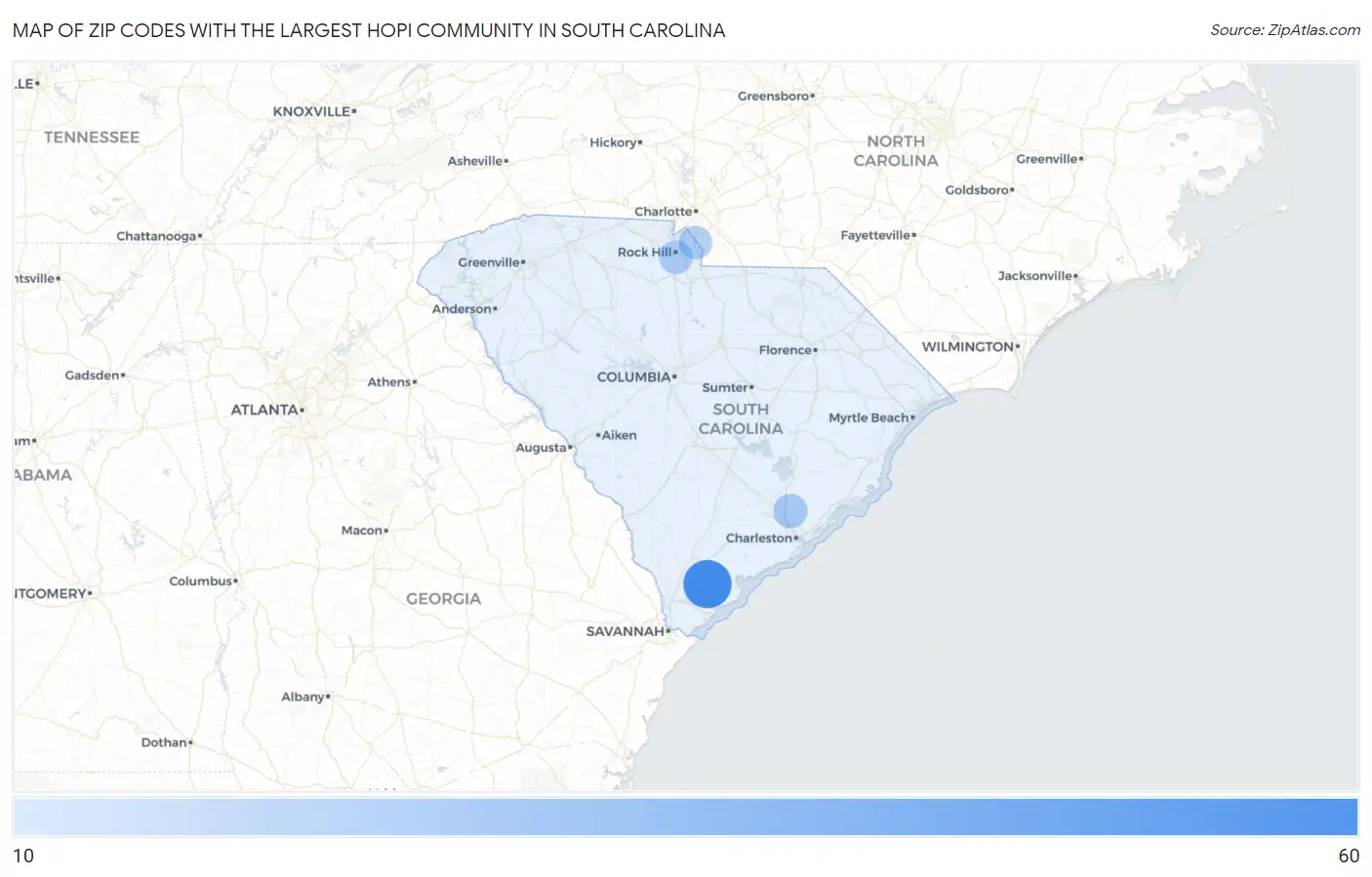 Zip Codes with the Largest Hopi Community in South Carolina Map