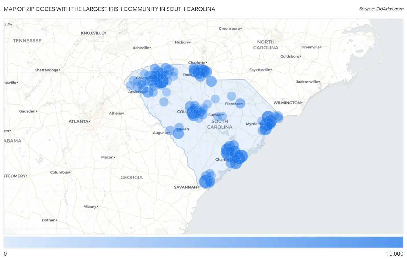 Zip Codes with the Largest Irish Community in South Carolina Map