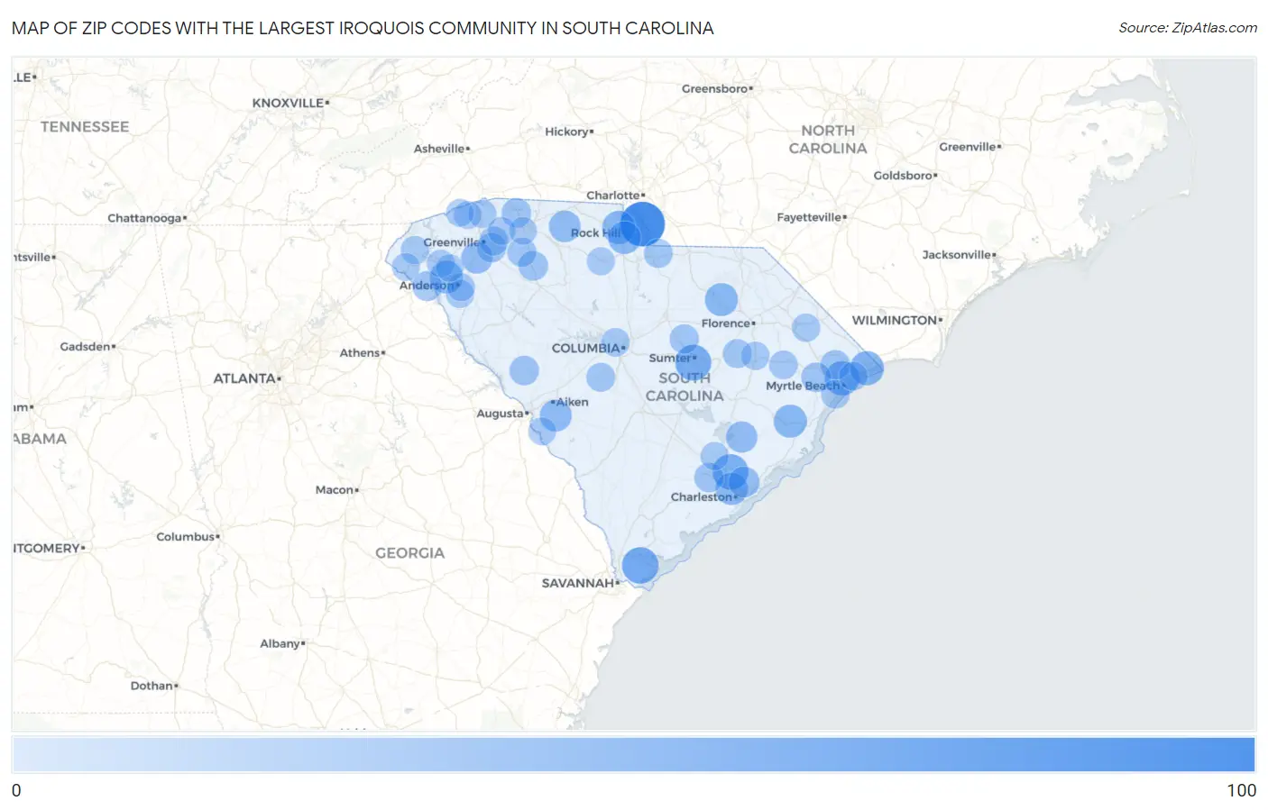 Zip Codes with the Largest Iroquois Community in South Carolina Map