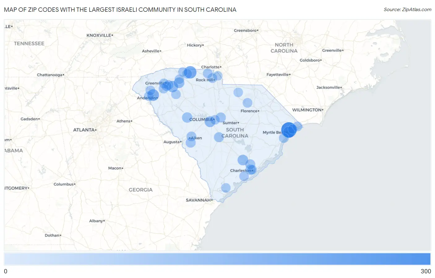 Zip Codes with the Largest Israeli Community in South Carolina Map