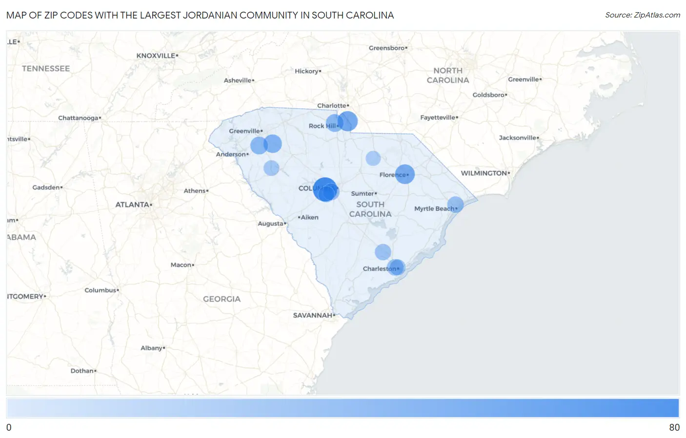 Zip Codes with the Largest Jordanian Community in South Carolina Map