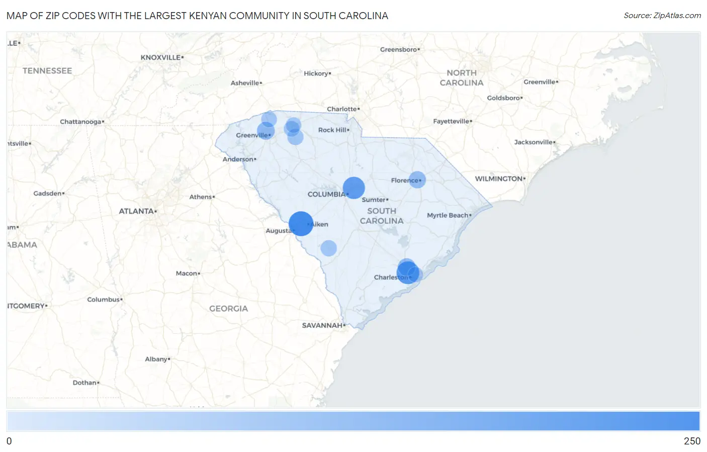 Zip Codes with the Largest Kenyan Community in South Carolina Map