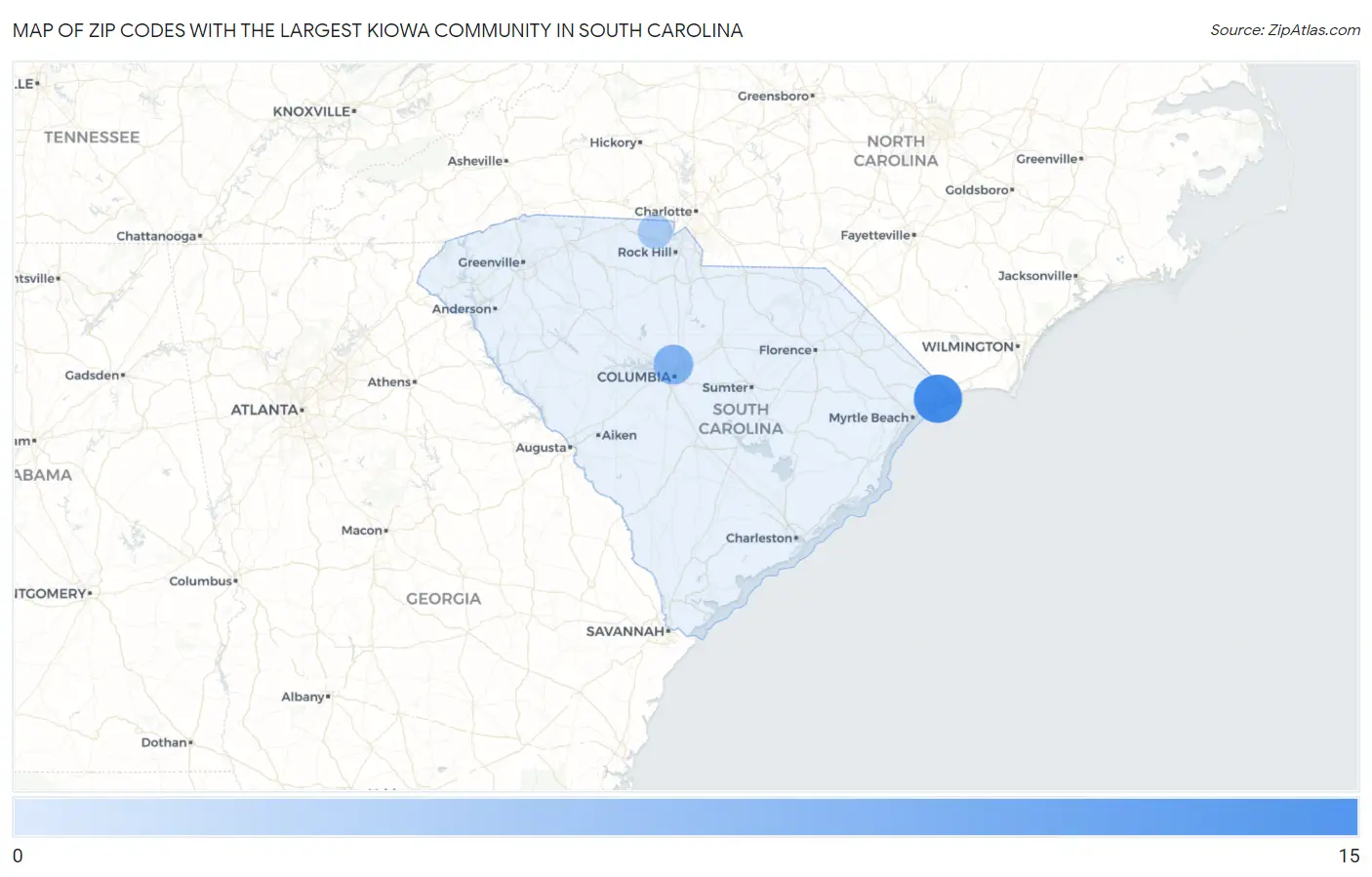 Zip Codes with the Largest Kiowa Community in South Carolina Map