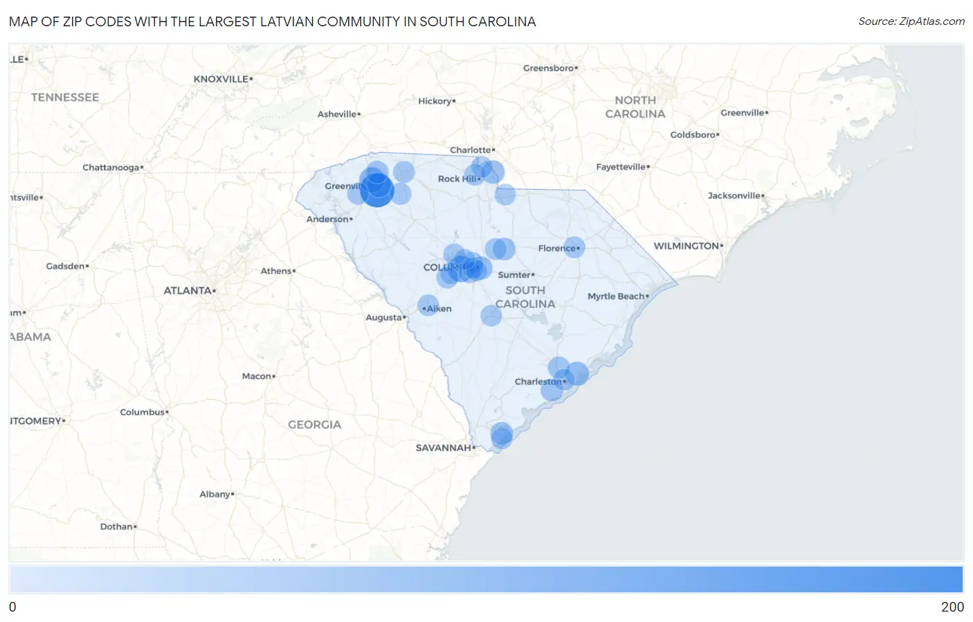 Zip Codes with the Largest Latvian Community in South Carolina Map