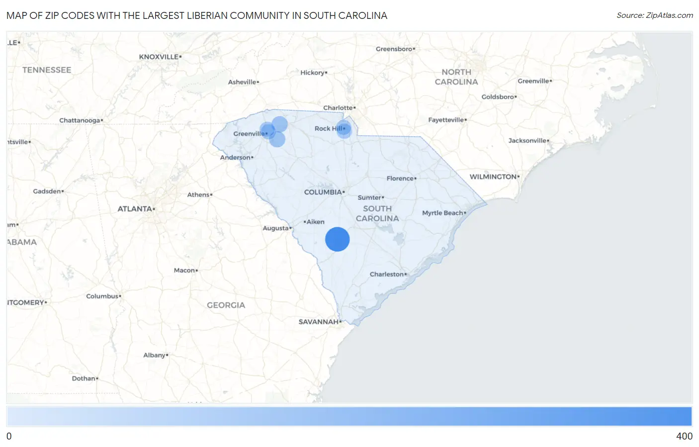 Zip Codes with the Largest Liberian Community in South Carolina Map