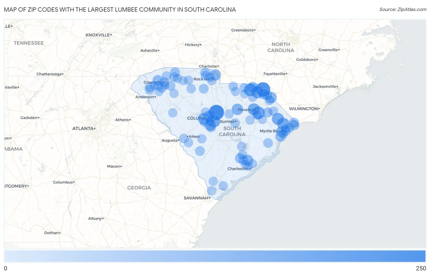 Zip Codes with the Largest Lumbee Community in South Carolina Map