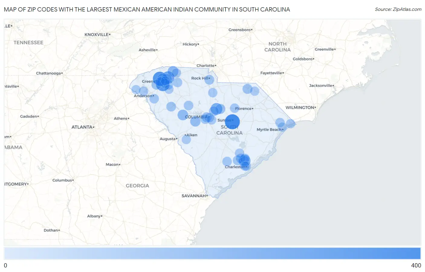 Zip Codes with the Largest Mexican American Indian Community in South Carolina Map