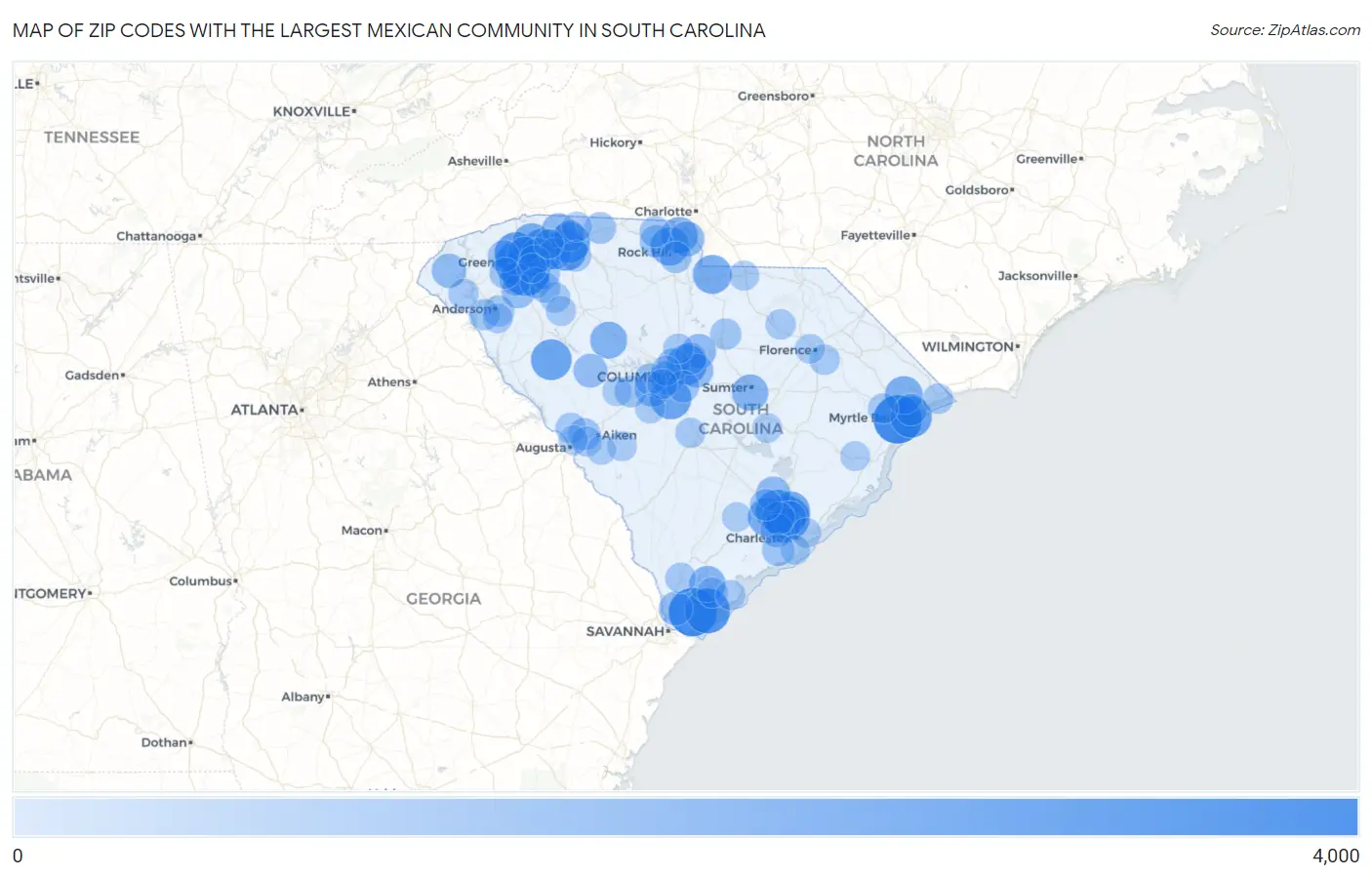 Zip Codes with the Largest Mexican Community in South Carolina Map