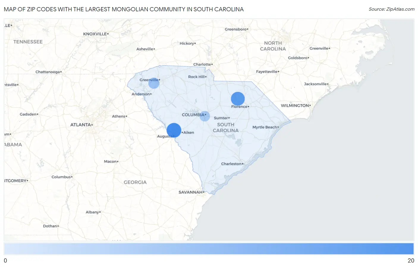 Zip Codes with the Largest Mongolian Community in South Carolina Map