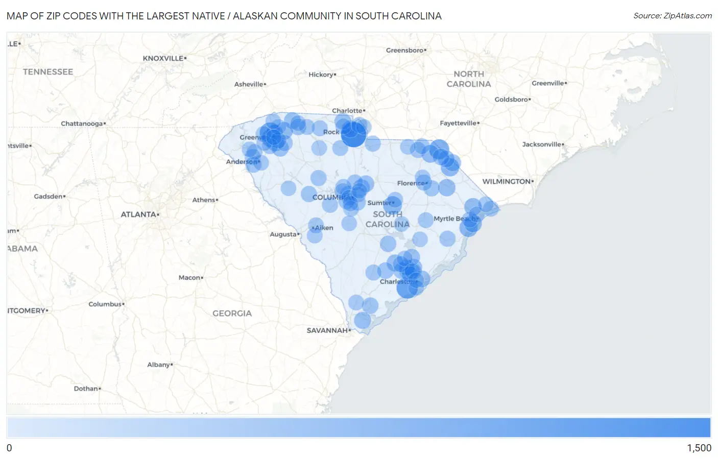 Zip Codes with the Largest Native / Alaskan Community in South Carolina Map