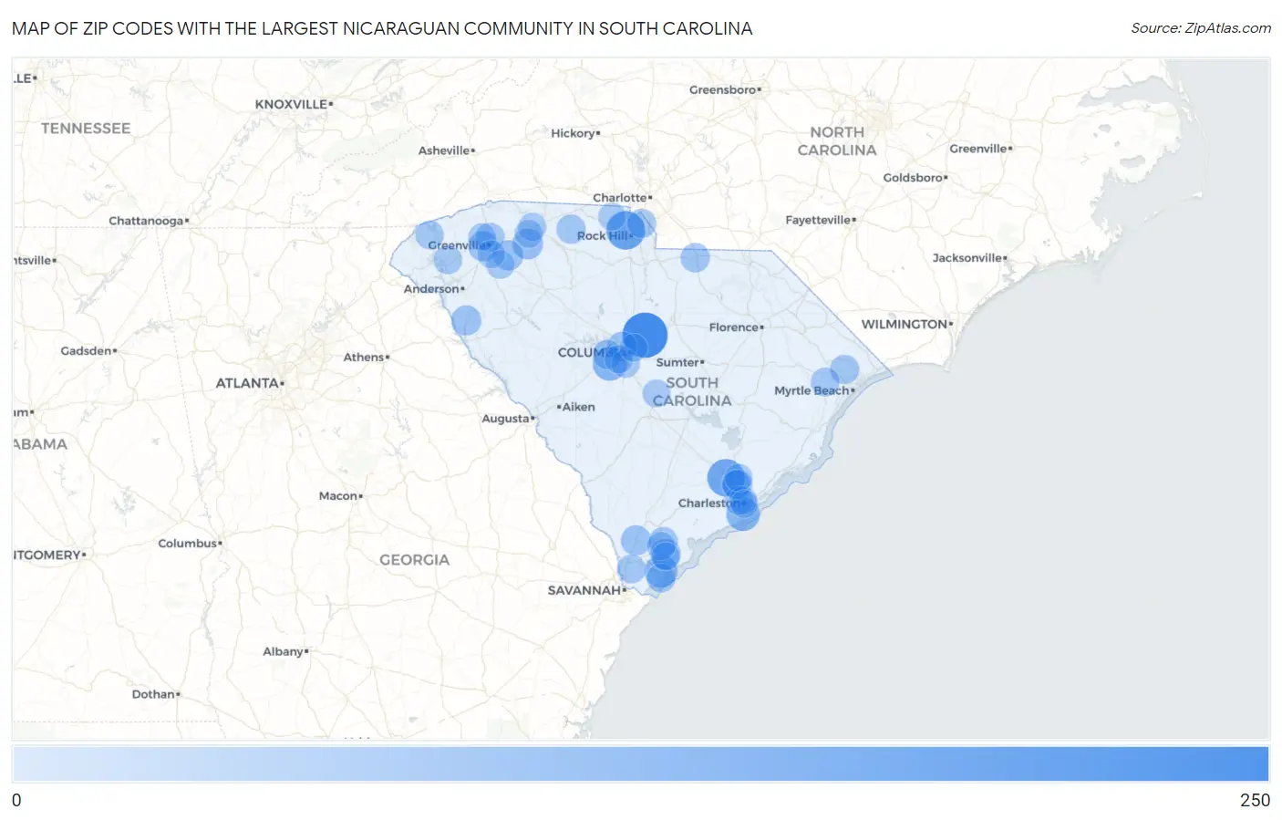 Zip Codes with the Largest Nicaraguan Community in South Carolina Map