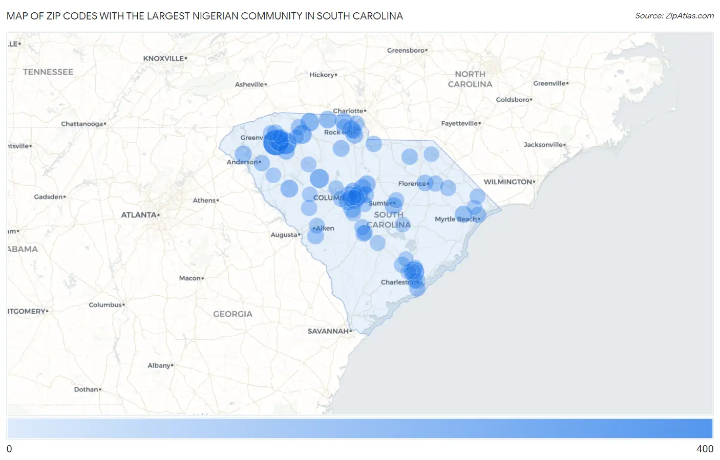 Zip Codes with the Largest Nigerian Community in South Carolina Map