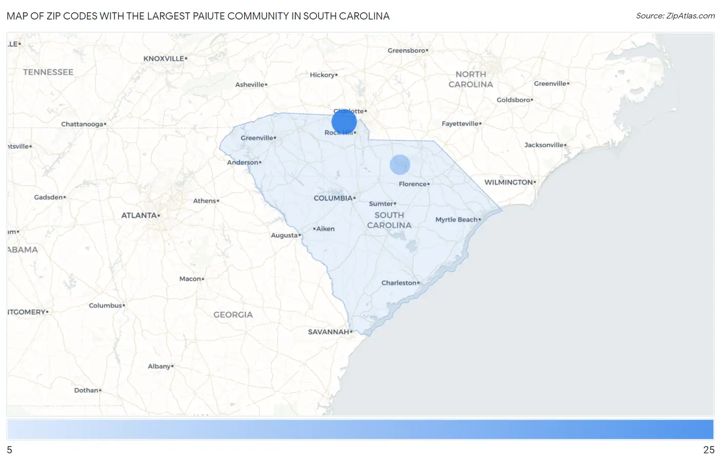 Zip Codes with the Largest Paiute Community in South Carolina Map