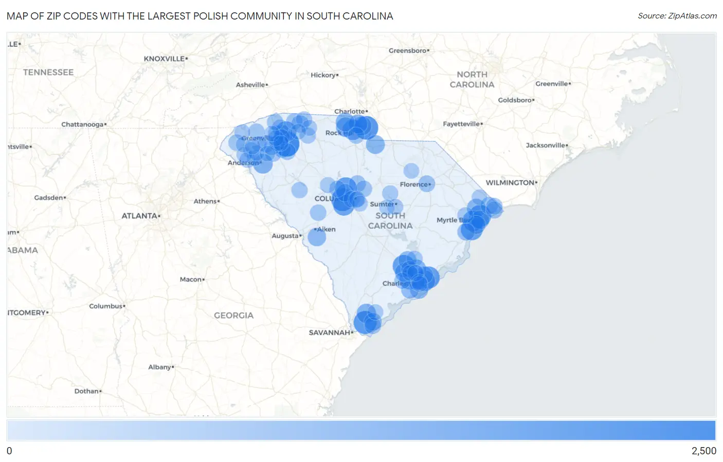 Zip Codes with the Largest Polish Community in South Carolina Map