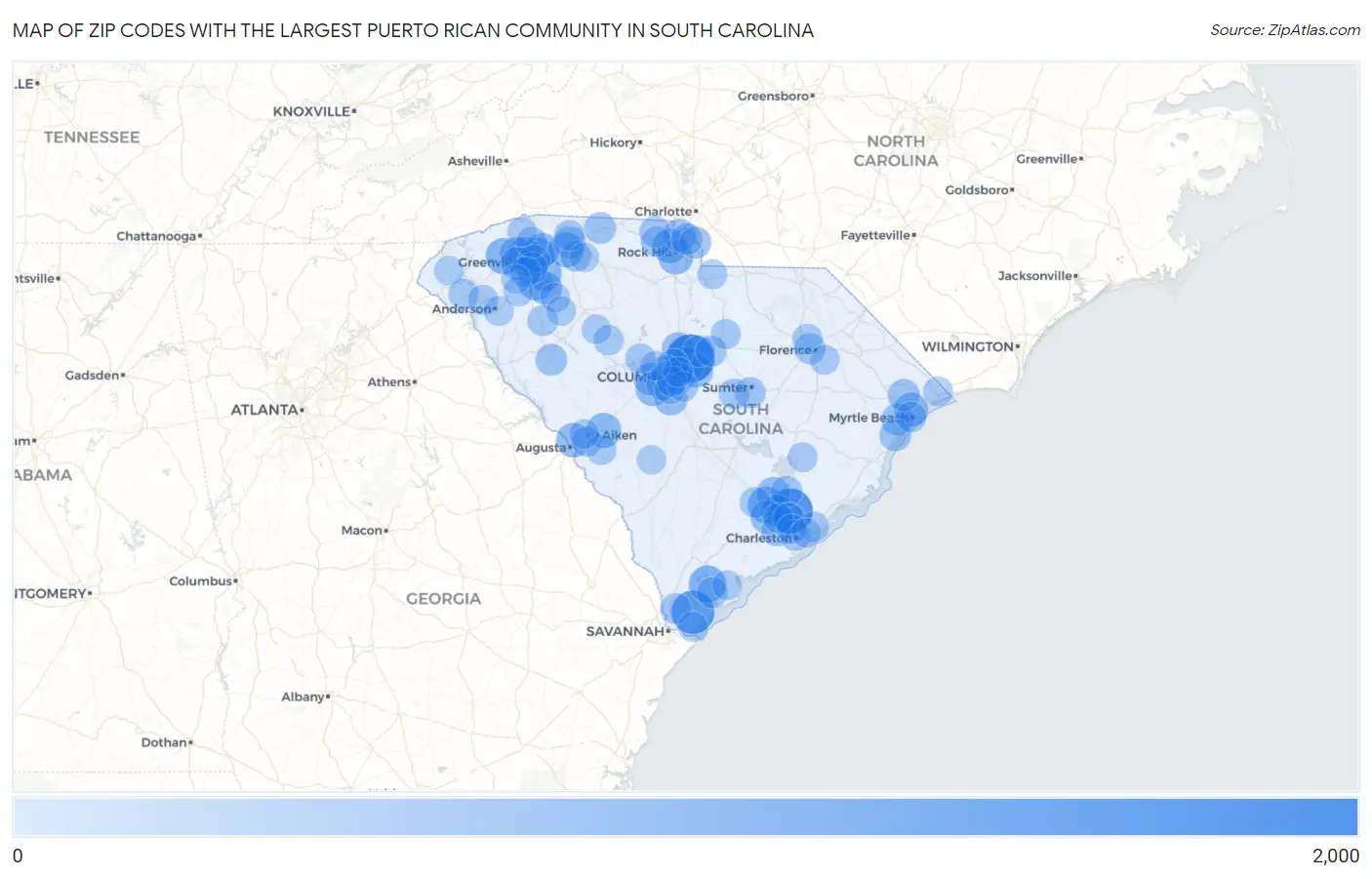 Zip Codes with the Largest Puerto Rican Community in South Carolina Map