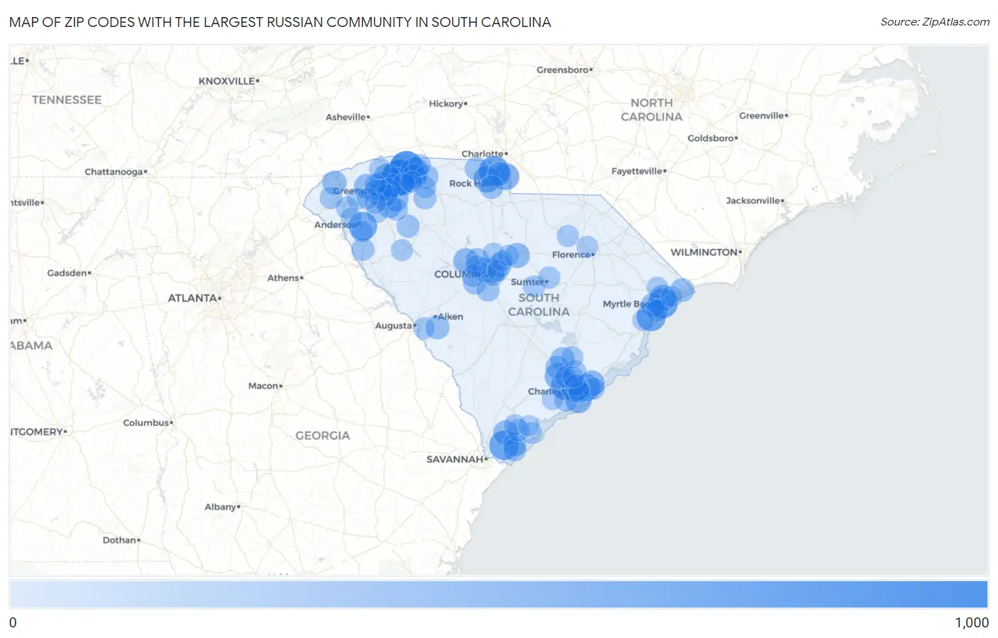 Zip Codes with the Largest Russian Community in South Carolina Map