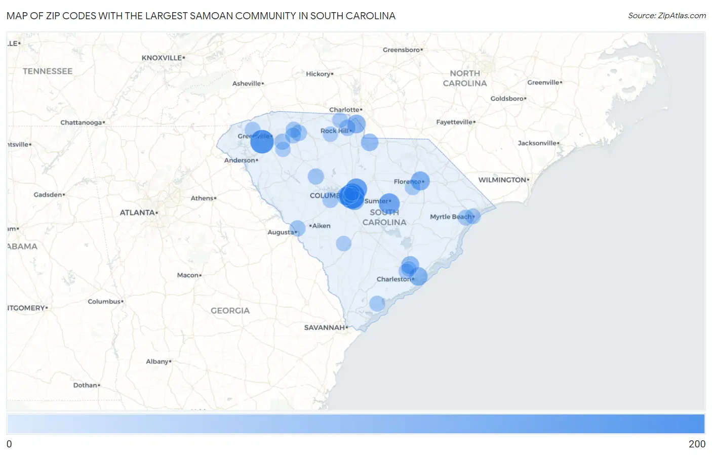 Zip Codes with the Largest Samoan Community in South Carolina Map