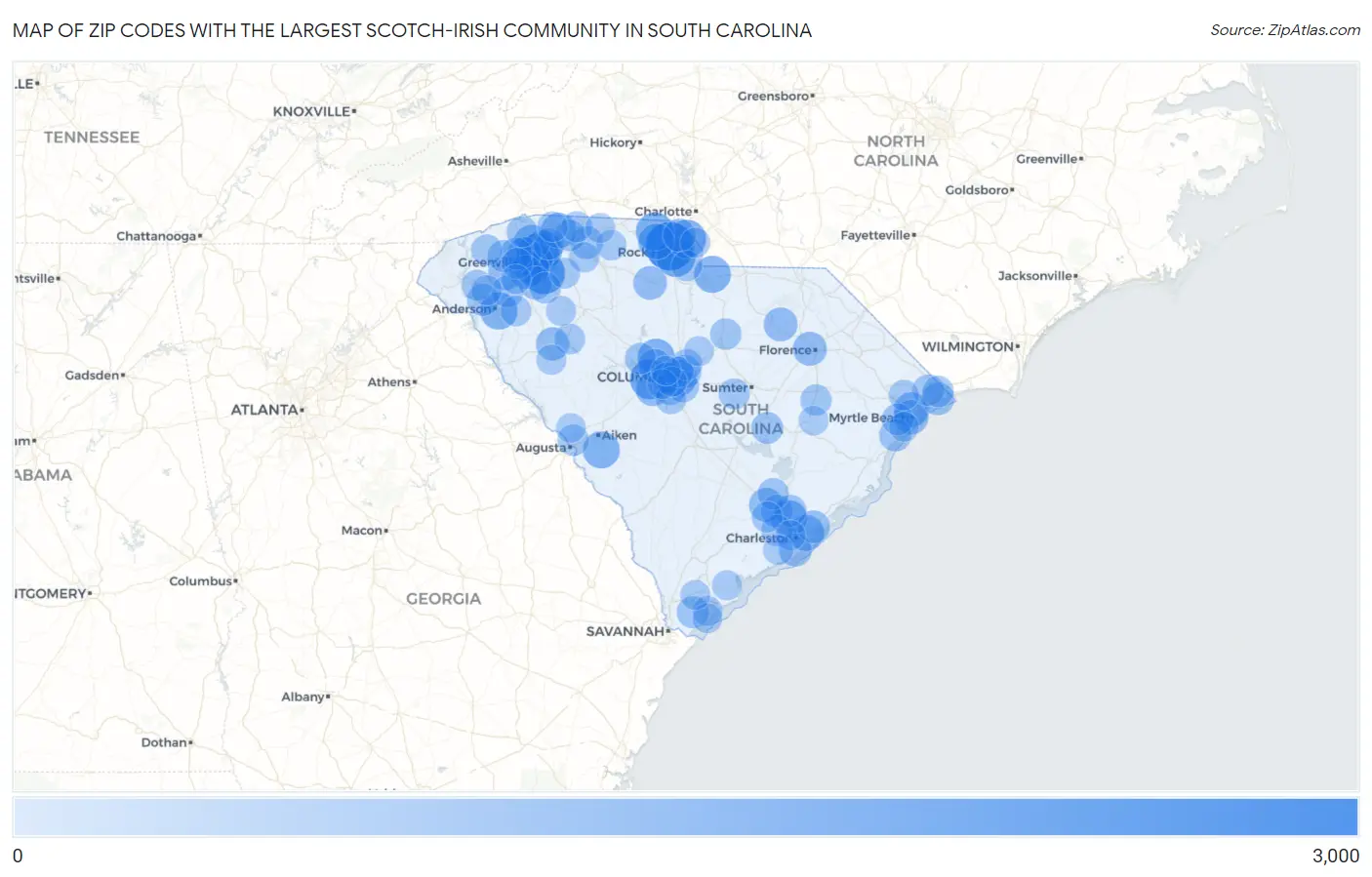 Zip Codes with the Largest Scotch-Irish Community in South Carolina Map