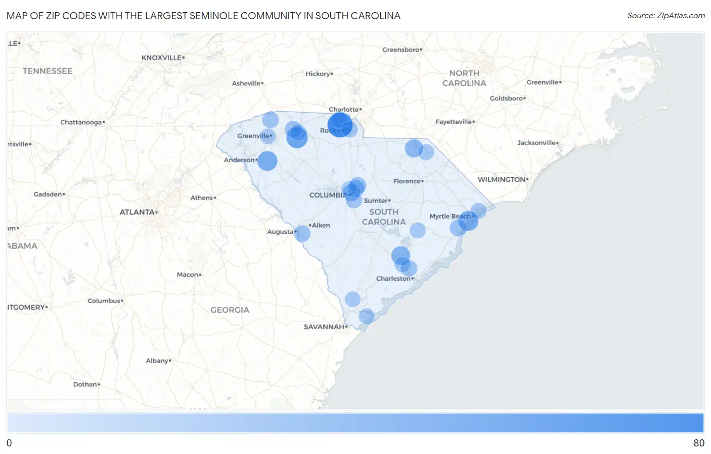 Zip Codes with the Largest Seminole Community in South Carolina Map