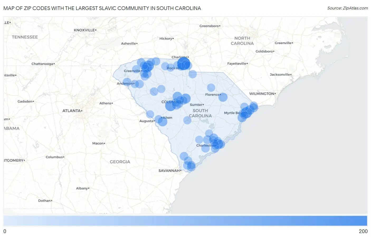 Zip Codes with the Largest Slavic Community in South Carolina Map