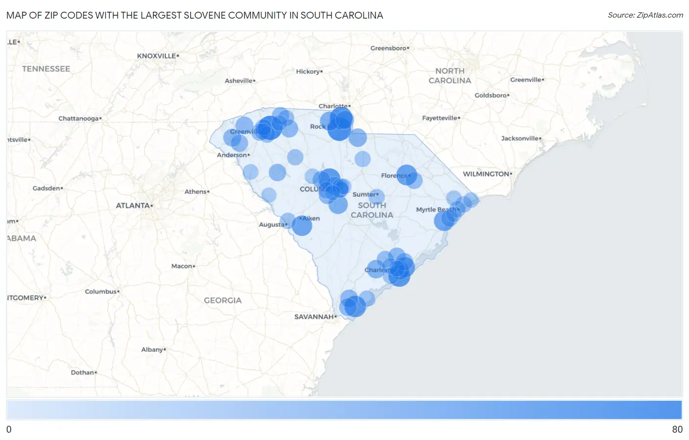 Zip Codes with the Largest Slovene Community in South Carolina Map