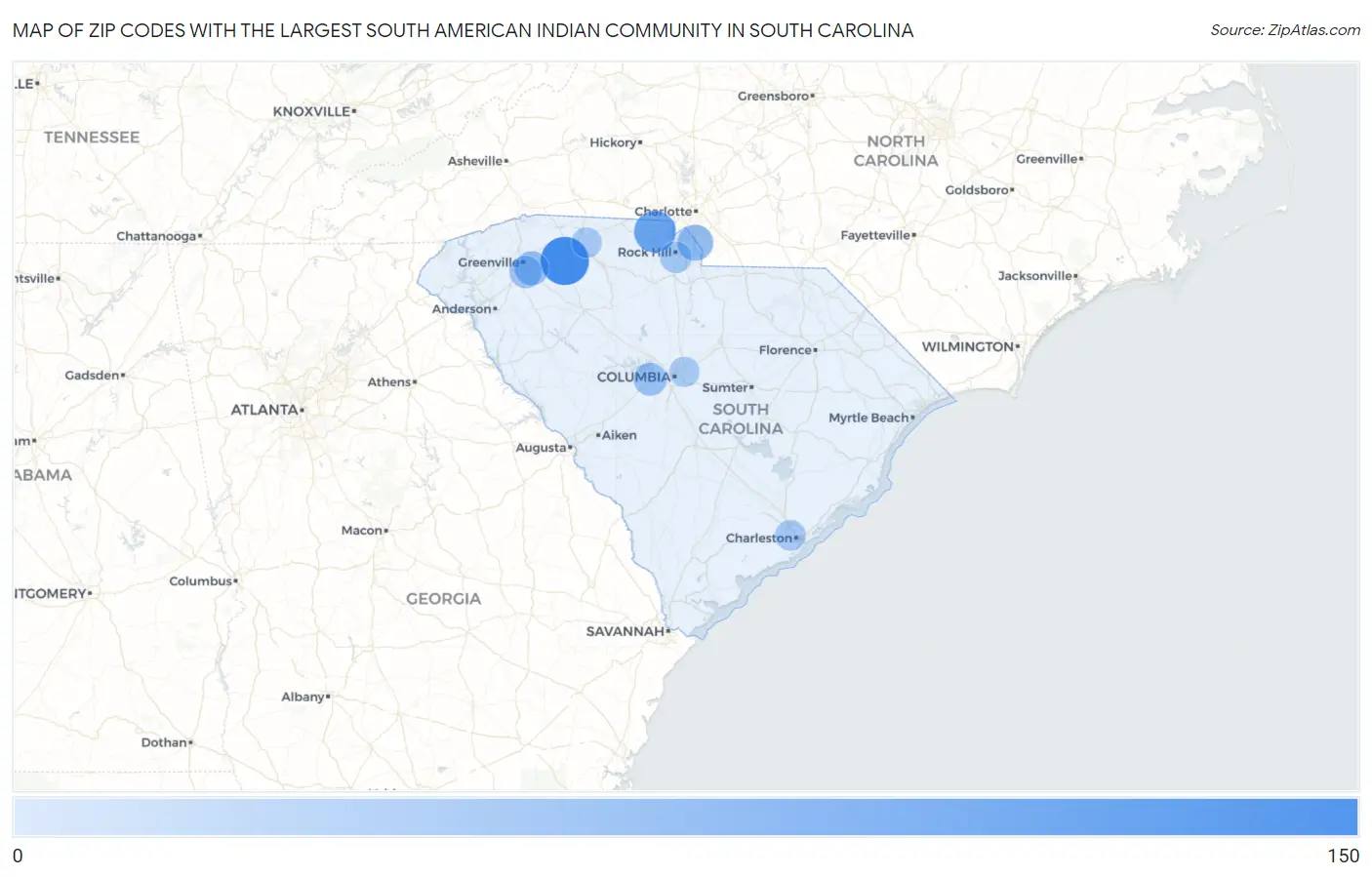 Zip Codes with the Largest South American Indian Community in South Carolina Map