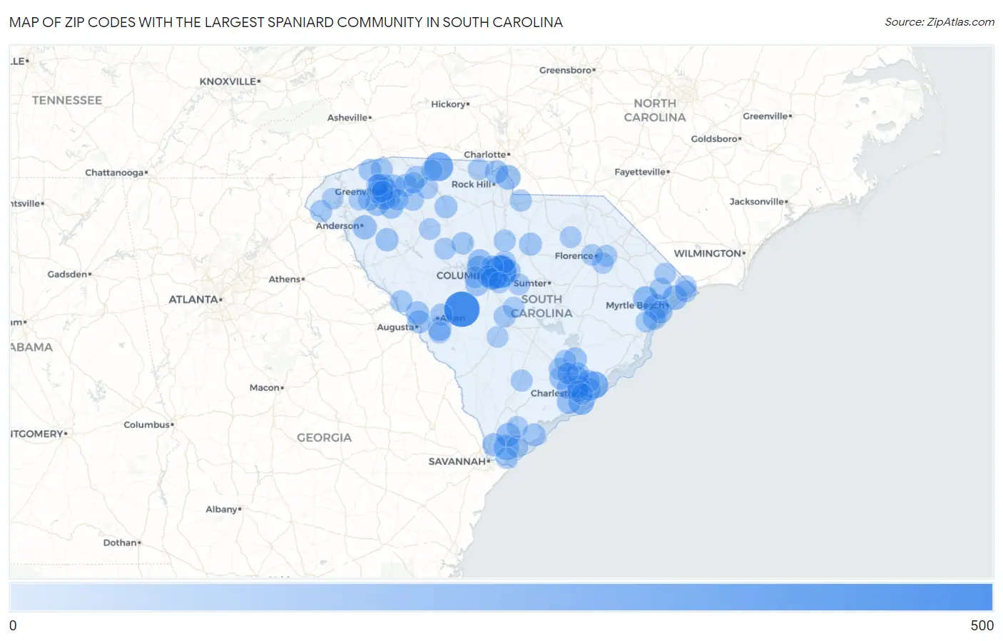 Zip Codes with the Largest Spaniard Community in South Carolina Map
