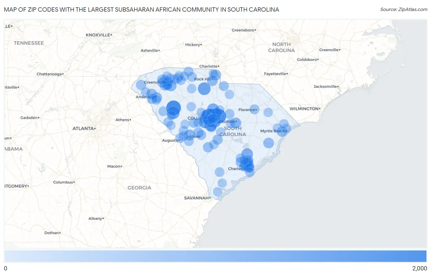 Zip Codes with the Largest Subsaharan African Community in South Carolina Map