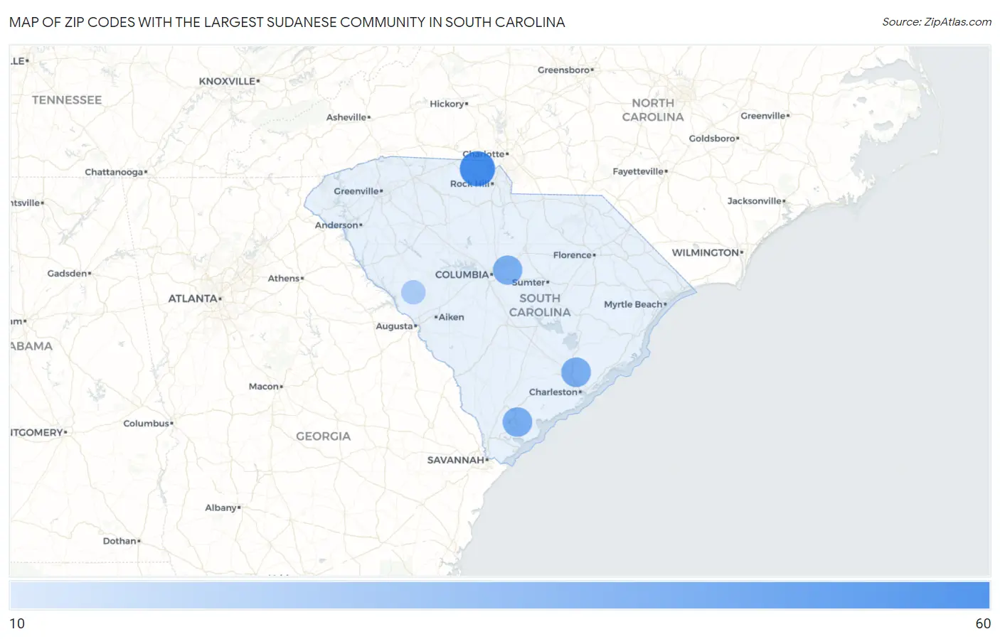 Zip Codes with the Largest Sudanese Community in South Carolina Map