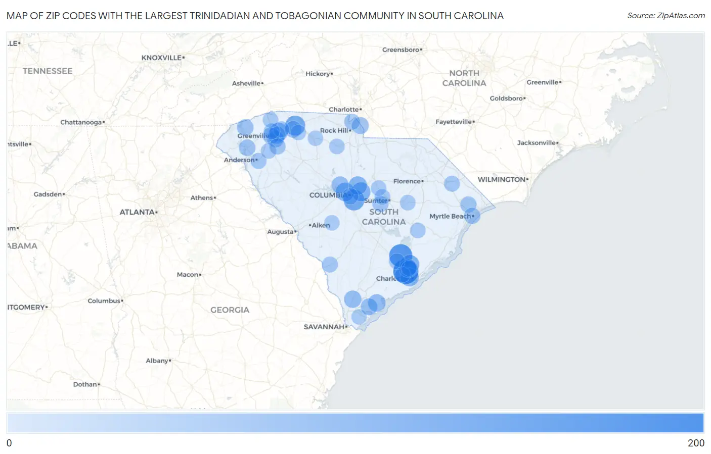 Zip Codes with the Largest Trinidadian and Tobagonian Community in South Carolina Map