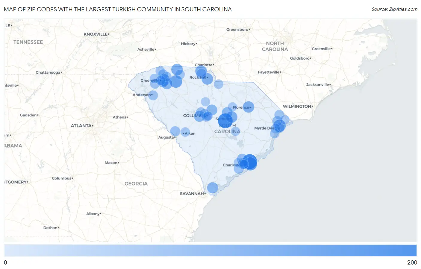 Zip Codes with the Largest Turkish Community in South Carolina Map