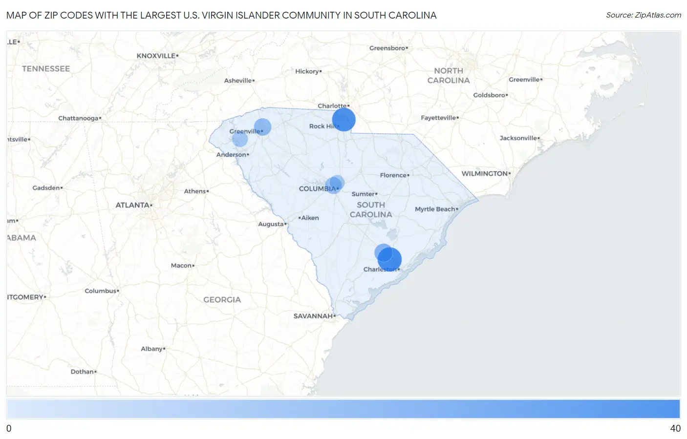 Zip Codes with the Largest U.S. Virgin Islander Community in South Carolina Map