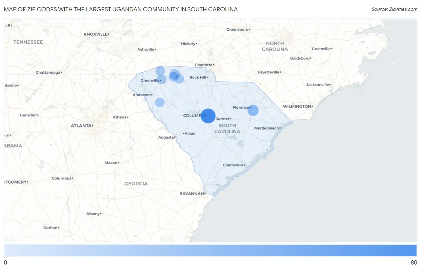 Zip Codes with the Largest Ugandan Community in South Carolina Map