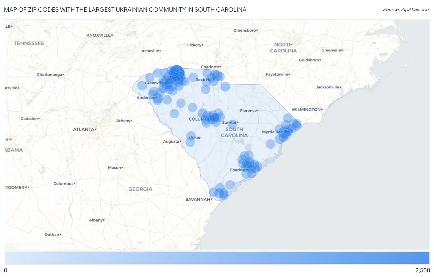 Zip Codes with the Largest Ukrainian Community in South Carolina Map