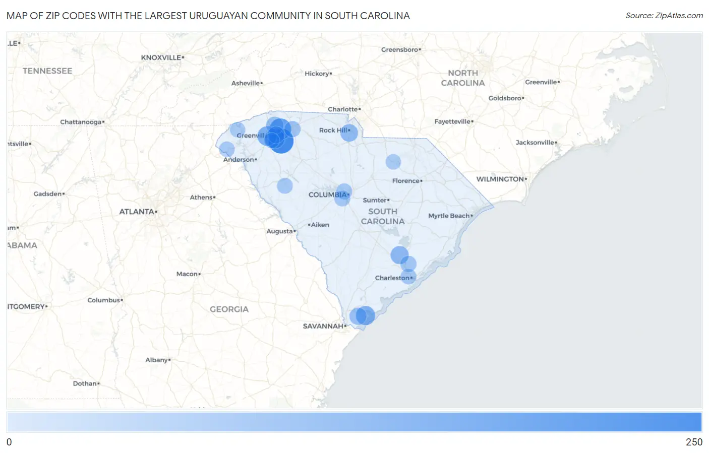 Zip Codes with the Largest Uruguayan Community in South Carolina Map