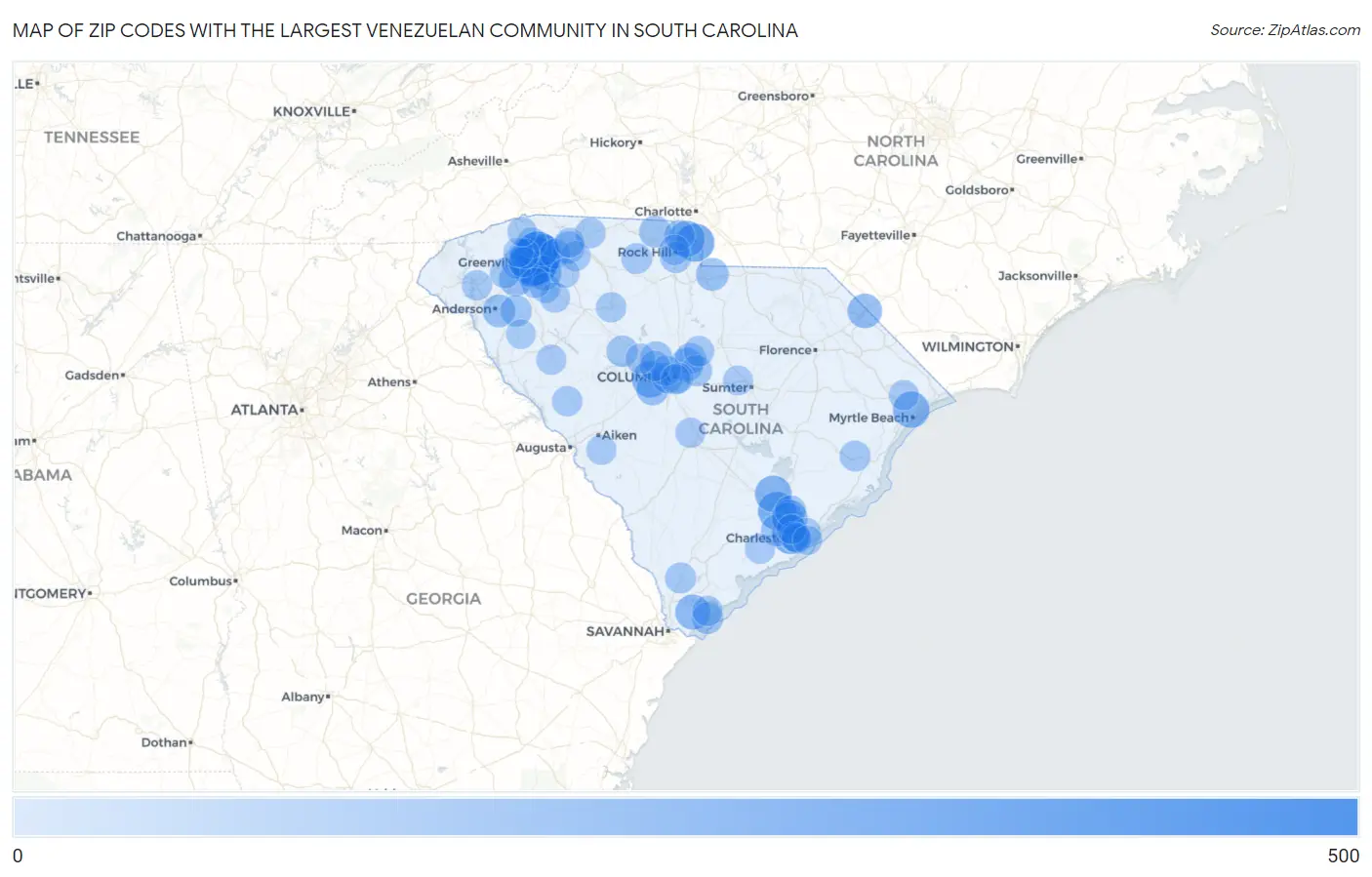 Zip Codes with the Largest Venezuelan Community in South Carolina Map