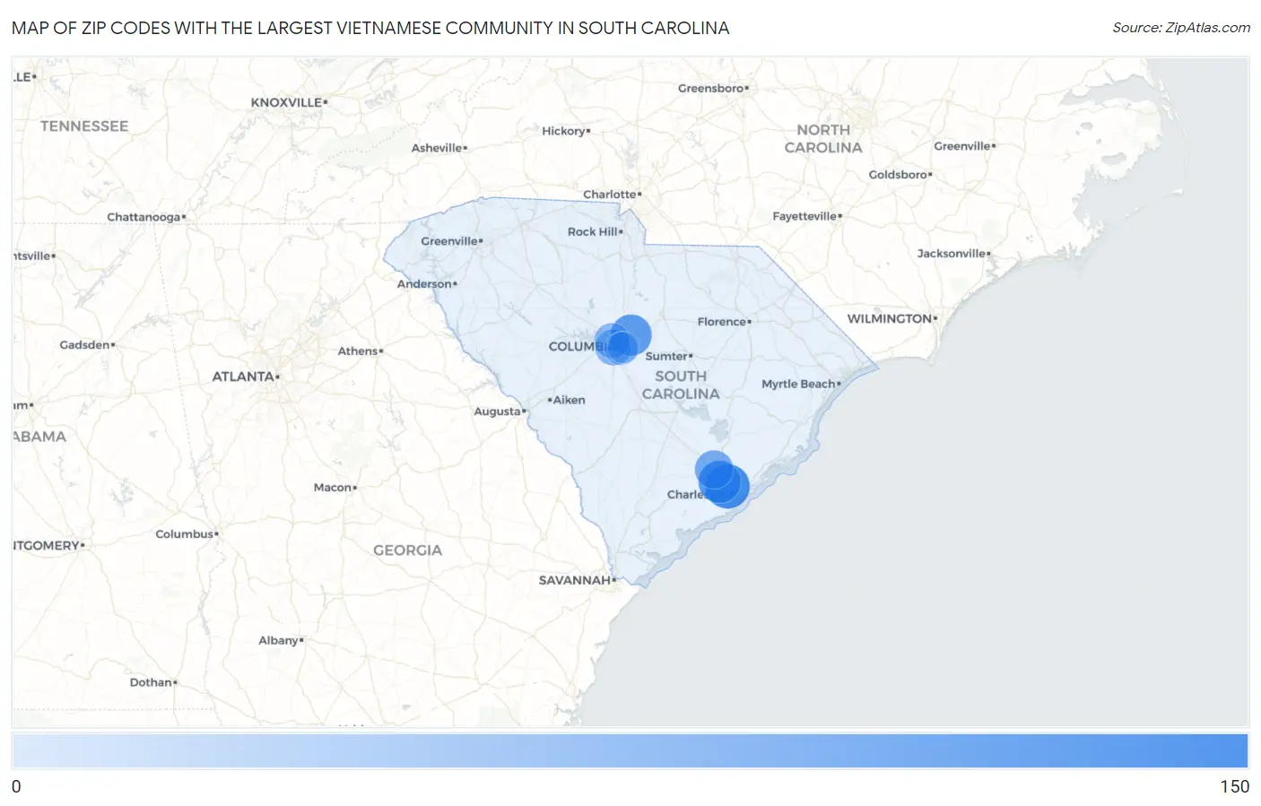 Zip Codes with the Largest Vietnamese Community in South Carolina Map